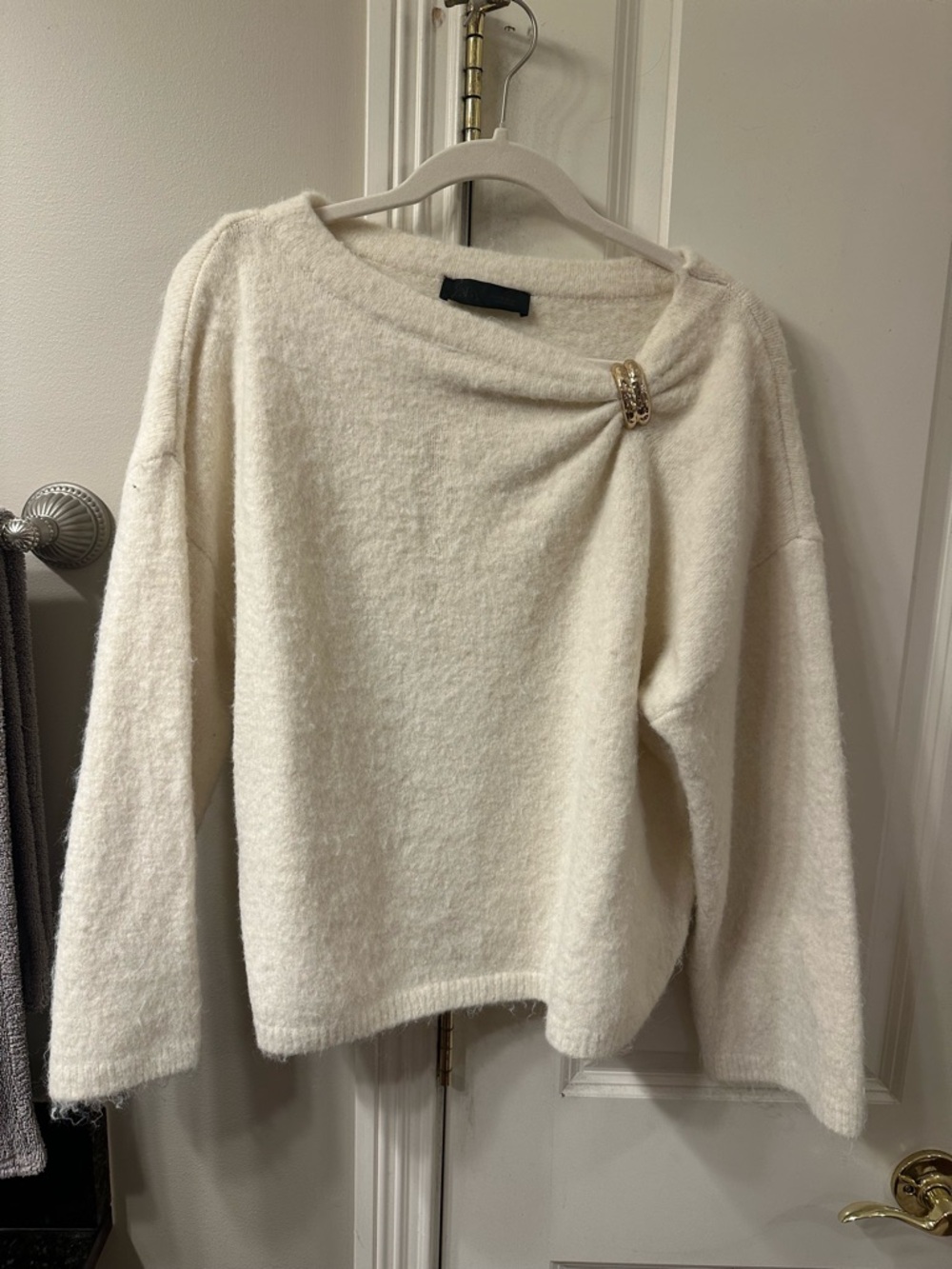 Zara Cream Off-the-Shoulder Sweater with Decorative Brooch